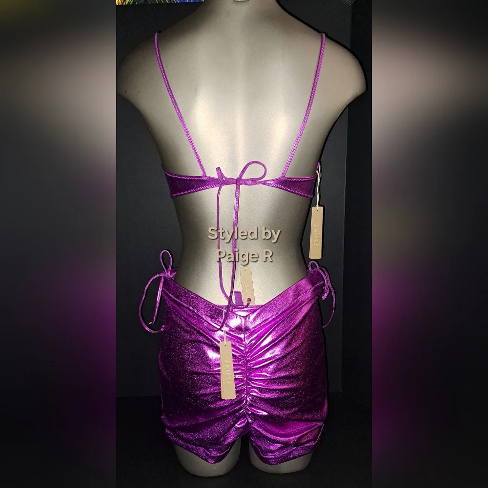 NWT SKIMS 3 Pc SET Metallic Swim Tie Bottoms Bikini Top Shorts DRAGONFRUIT L XL